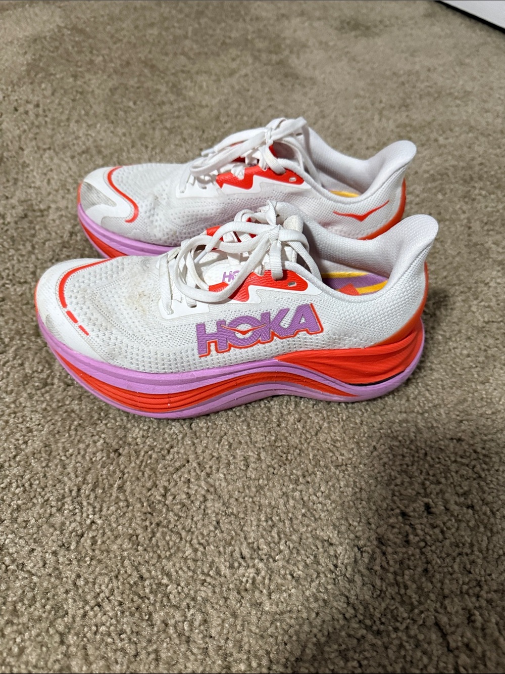 Hoka White Sneakers with Pink and Orange Accents